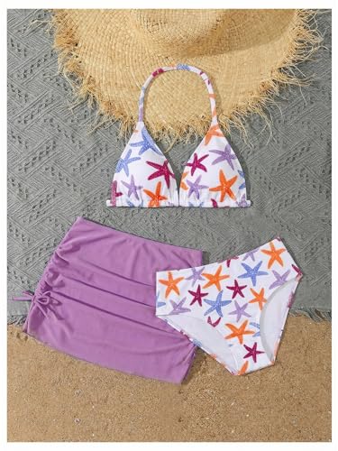 Image of RoseSeek Girl's 3 Piece Cute Bowknot Bathing Suit Halter Triangle High Waisted Swimsuit with Beach Cover Up Skirt