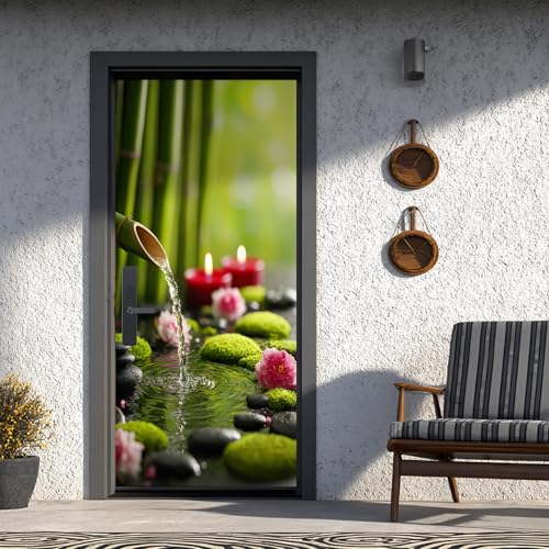 Zen Poster Porte Trompe L'oeil Bambou Stickers Porte 85x215 cm, Lotus Poster de Porte Auto-AdhéSif Imperméabl Chambre Cuisine Bain Salle