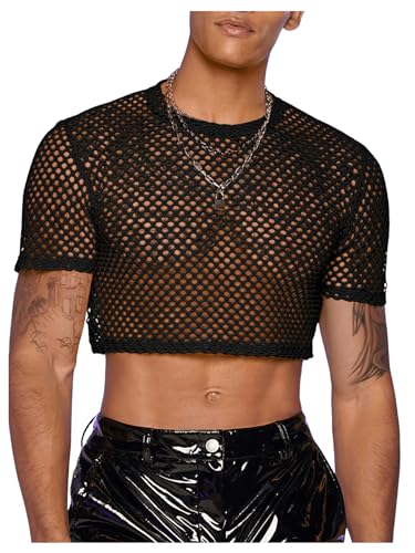 WDIRARA Men's Fishnet Mesh Tee Shirt Round Neck Short Sleeve Crop Top