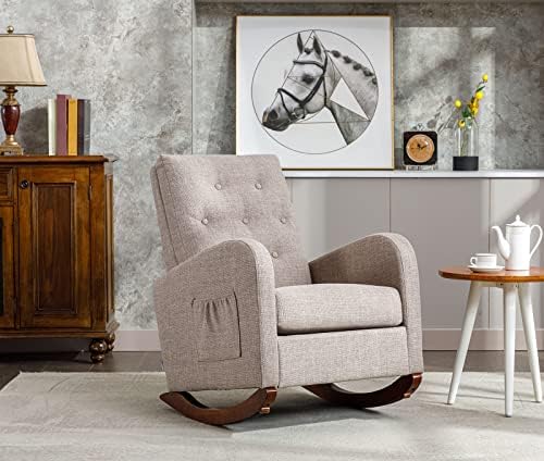 Modern Accent Rocking Chair, Upholstered Nursery Glider Rocker for Baby, Comfy Armchair with Side Pocket, Living Room Lounge Arm Chair, High Backrest with Decorative Buttons, Linen Fabric (Camel)