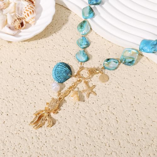 Image of Coiris Natural Seashell Choker Necklaces Earrings Jewelry Set for Women Starfish Shell Freshwater Pearl Collar Necklaces for Women Irregular Mother of Pearl Jewelry Set
