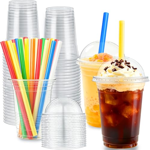 Alaeseje 50 Sets 16 oz Clear Plastic Cups Disposable Parfait Cup with Dome Lids and Straws Crystal PET Togo Cup for Party Smoothie Iced Coffee Bubble Boba Milkshake Cold Drinks