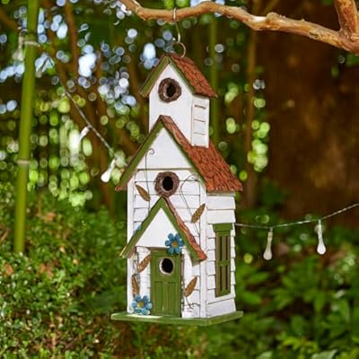 Glitzhome 20" H Oversized Wood Hanging Birdhouse for Outdoors Distressed Cottage Painted Bird House 3-Story Villa Rustic Bird House for Bluebird Wren Chickadee Sparrow Bird