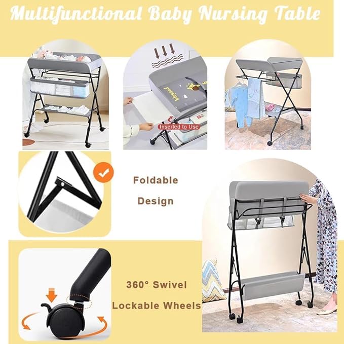 Suicune Baby Diaper Changing Tables, Foldable Changing Table with Wheels, Portable Diaper Changing Station, Adjustable Height Baby Changing Table with Wheels, Safety Belt and Large Storage Rack for Infant - Image 4 thumbnail