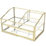 Metal Glass Large Accent Glass with Gold Trim Decorative Cabinet Decorative Keepsake Box/Mirror Clear Drawer Storage/Vintage Jewelry Organizer for Bathroom/Countertop (Heart)