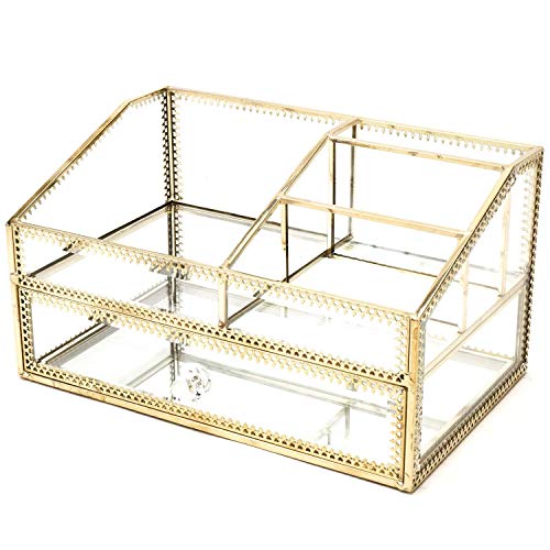 Antique Spacious Makeup Organizer Mirror Glass 4Layer Drawers Set/Brass Metal Cosmetic Vanity Storage/Jewelry Cube Countertop Dresser/Vintage Makeup Holder Nightstand for Perfume/Brushes/Skincare