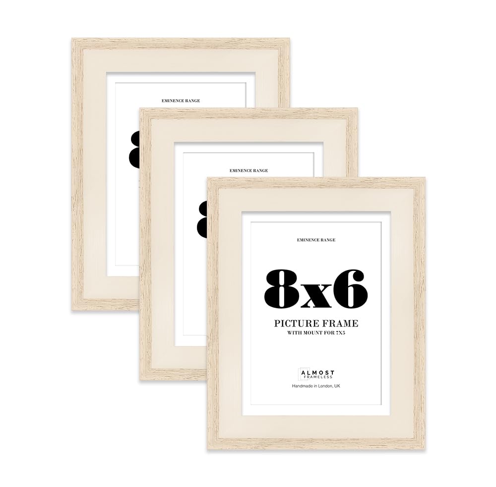 8x6" Oak Picture Frame with 7x5" Mount - Shabby Chic Photo Frame with Distressed Finish, Wall Hooks and Kickstand, 32mm Edge - 3 Pack