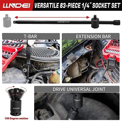 Image of LLNDEI 1 /4 inch Drive Impact Socket Set 83 Piece,Standard SAE(5 /32-9 /16 inch) Metric Size(4-15mm),72T Ratchet Wrench Handle,CR-V Mechanics Tool Set with Adapter,Screwdriver Bits for Automotive Repair