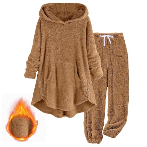 Fuzzy Pajamas Set for Women Plus Size Loose Fleece Sleepwear 2 Piece Set Winter Warm Hoodie Tops and Pant Sets4