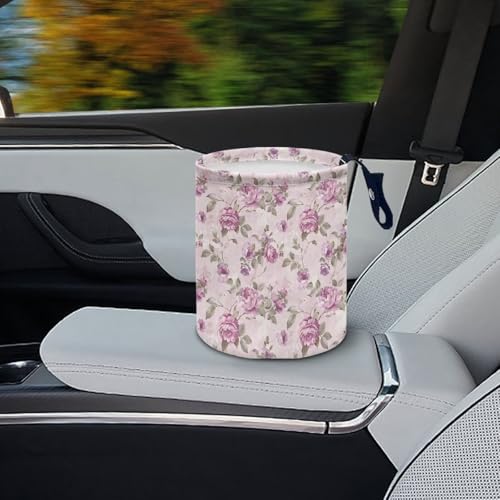 Image of Purple Flower Car Trash Can - Portable Collapsible Back Seat, Front Seat, Floor, or Hanging Headrest Waste Basket Car Accessories Interior Easy to Clean
