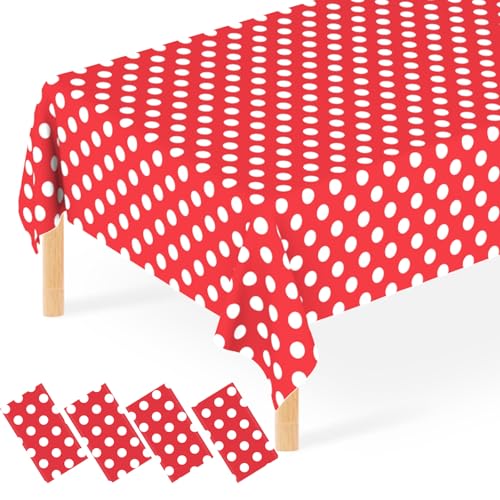 JCTHKUKU Lot de 4 nappes jetables en Plastique Rouge à Pois Mickey Minnie Mouse pour extérieur, Anniversaire, révélation du Sexe, fête prénatale et prénuptiale, 137,2 x 274,3 cm