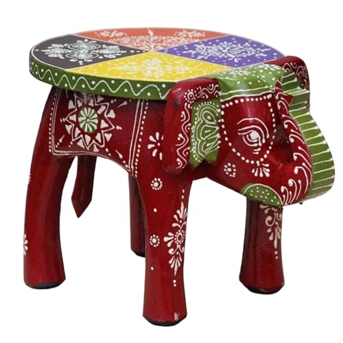 Image of Hand-Crafted and Emboss Colorful Painted Wooden Elephant Shape Stool for Home /Office /Living or Bedroom Decor,Decorative Showpiece (8 Inches Height, Maroon)