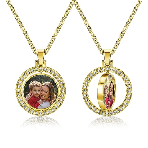 PiercingJ Customized Double-Side Photo Necklace Custom Picture Pendant Chain Personalized Cubic Zirconia Hip Hop Jewelry Gift for Men Women with Gift Box
