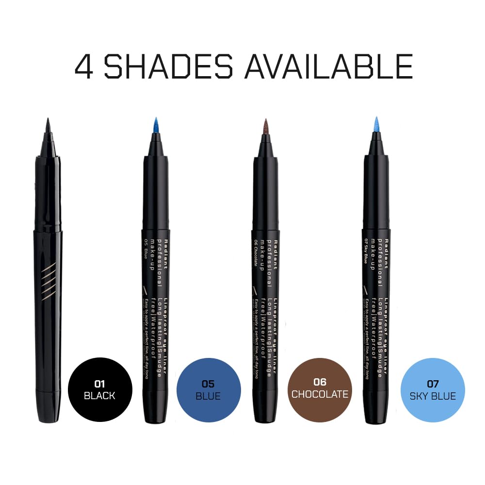 Radiant Professional Liquid Eyeliner Pen - Waterproof, Smudge Proof & Long Lasting Eyeliner with Flexible Precision Felt Tip for Smooth Winged Eye Makeup, Precise Lines with Intense Color, (01 Black)