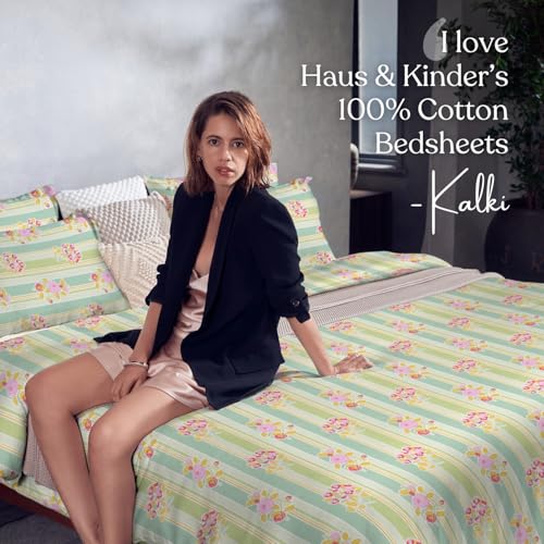 Image of haus & kinder Double Bedsheet for Queen Size Bed | 90 x 100 Inches 186 TC Cotton Bedsheet for Double Bed with 2 Pillow Covers - Golden Hour Garden