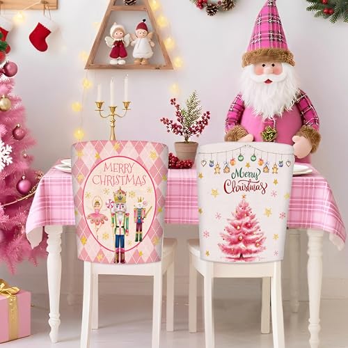 Image of Christmas Chair Covers Set of 6 Pink Nutcracker Christmas Tree Chair Back Covers Holiday Dining Chair Slipcovers Protector Kitchen Dining Room Decor Festival Party Decoration