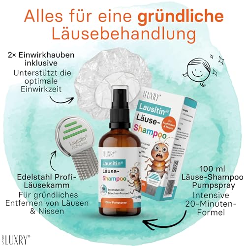 Läusetin® Läuseshampoo 100ml – gegen Kopfläuse & Nissen – mit Kopfhaube & Metallkamm Set – für Erwachsene & Kinder ab 3 Jahren – wirkt in 20 Minuten