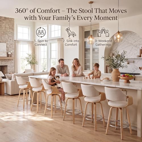 Image of HNY 26 inch Swivel Bar Stools Set of 3, Beige Chenille Counter Height Barstools