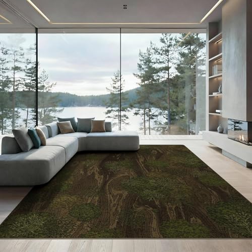 ODIKA 9'x12' Washable Cabin Plant Area Rug, Moss Green Foldable Oversized Carpet Low Profile Flatwoven Floor Covering for Great Room, Indoor Open Concept, Large Living Room | Ref:2025446