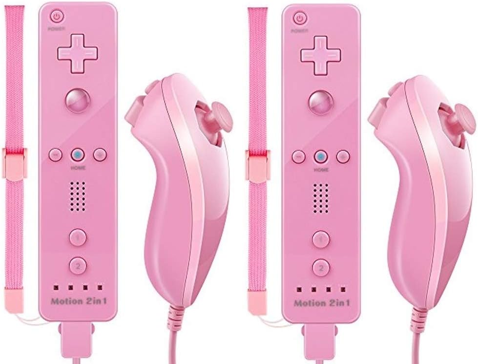 TheMax WII U Bright Pink Remote Console Joystick Controller X2 Built in Motion Plus 2 in 1 Remote and 2x Nunchuck Multi Player Wii Games Controller (Bright Pink -2 Set)