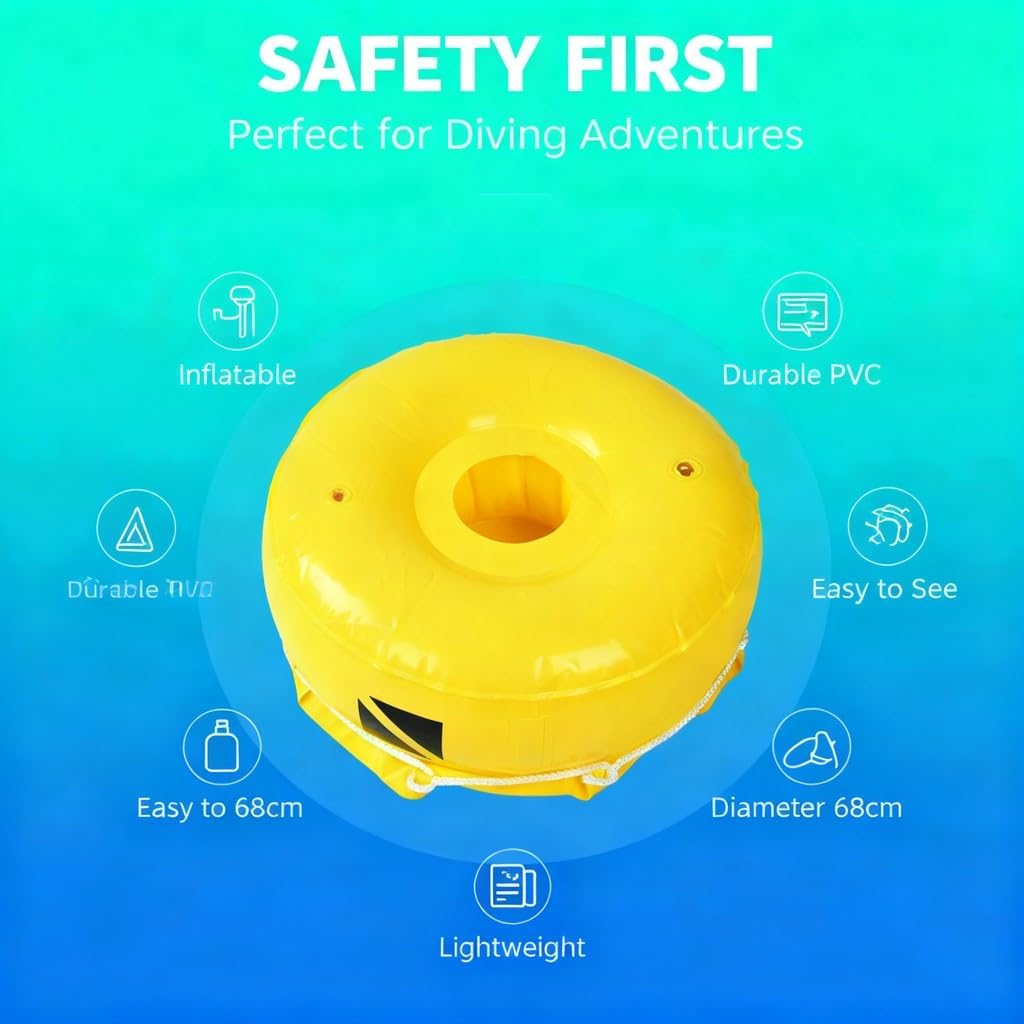 Diving Sea Surface Marker Buoy 26.8in Yellow PVC Inflatable Float - High Visibility Safety Signal, Flag Holder, Easy Inflation for Freediving and Snorkeling
