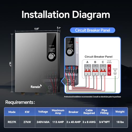 Image of Ranein 27kW Electric Tankless Water Heater, 240V On Demand Instant Endless Water Heater with LED Temperature Display, Control Knob, Space Saving Design, Up to 6.5 GPM for Whole House Water