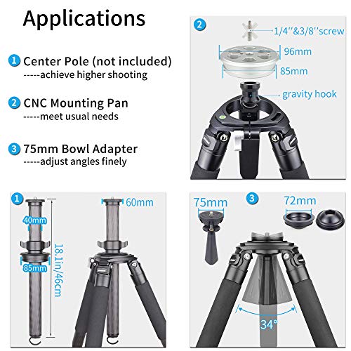 Image of Innorel Carbon Fiber Tripod Rt90C Bowl Tripods Professional Heavy Duty Camera Stand With 75Mm Bowl Adapter For Dslr Cameras Compatible With Ball Head & Hydraulic Head, 63 Inch, 40Mm Tube 40Kg Load