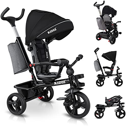 KIDIZ® Tricycle 5 en 1 Tricycle pour enfants avec barre à pousser Système de guidage Tige à partir de 1 an en marche avant et arrière sportif, panier sac porte-boisson pare-soleil roues en caoutchouc