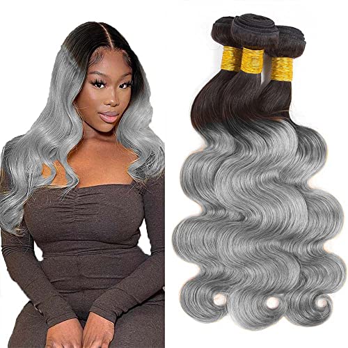 Ombre Bundles 1B Grey Bundles Human Hair Grey Body Wave Bundles Human Hair Two Tone Human Hair Bundles Black to Grey Hair Weave Grade 8A 12 12 12 inch