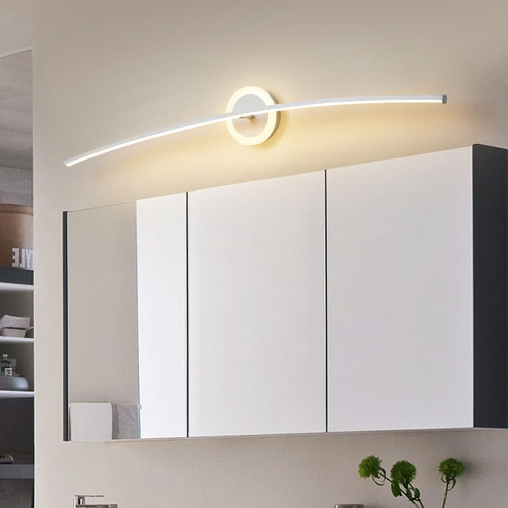 Lámpara de pared interior curvo, 25W lampara led espejo baño, led apliques de pared largo, 100cm aplique moderno dormitorio, sala de estar, pasillo (Blanco-100cm)