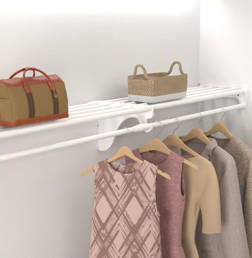 Closet Shelves, Closet Shelf with Hanging Rod, Expandable 17.5" - 27" Closet Organizer, White, Installs to 2 Side Walls, Closet Shelves Wall Mounted, alternative to Wire Closet Shelving