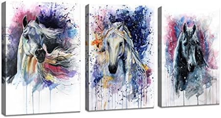 DZL Art D70234 Canvas Wall Art Horse Animal Painting Prints on Canvas Framed Ready to Hang-3 Panels Watercolor Horses Prints Fine Art for Home Wall Decor