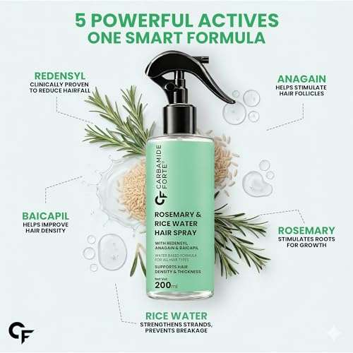 Image of Carbamide Forte Rosemary Hair Spray with Rice Water | Rosemary Water Spray for Hair Growth with Redensyl, Anagain & Baicapil | Supports Hair Density & Thickness | Water Based Formula for All Hair Types - 200 ml