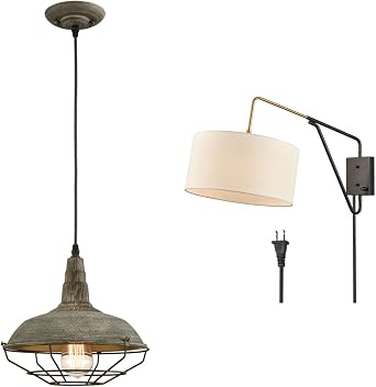 HOLKIRT Metal Cage Pendant Light and Swing Arm Wall Sconce Plug in Wall Light Bundle