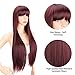 Kalyss 28 inches Women's Silky Long Straight Mixed 99J Burgundy color Heat Resistant Yaki Synthetic Wig with Bangs Darily Party Dress Women Wigs (Burgundy)