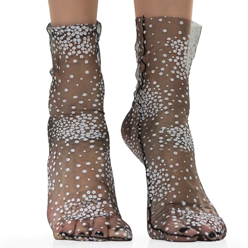 Image of Black Translucent White Tiny Daisies Socks Women Fashion Sheer Socks - See Through Mesh Socks for Women - Floral Tulle Socks (US sizes 5-8)
