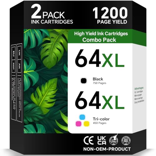 Image of 64XL Ink Cartridges Combo Pack Replacement for HP Ink 64 64XL Black and Color - Printer Ink for HP64 XL Work with Envy Inspire 7955e 7900e 7255e Envy Photo 7855 7155 7858 7800 Tango Series (2 Pack)