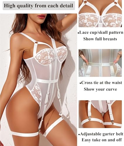Image of SSoShHub Women Lingerie Set Lace Teddy Strap Babydoll Bodysuit Bikini with Garter Belt One Piece Lingerie Strappy Lingerie