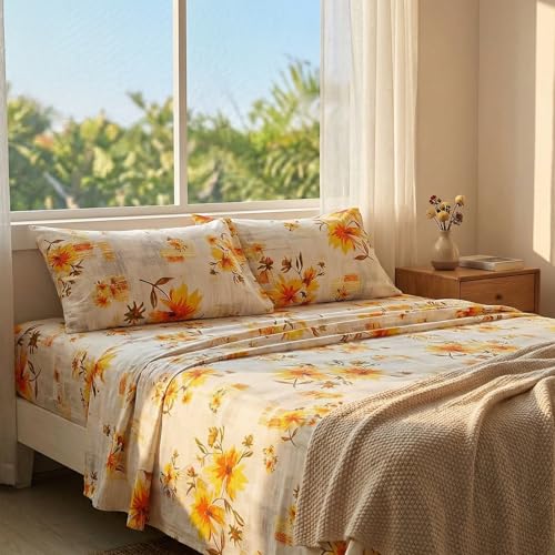 Image of JSD Rustic Yellow Floral Printed Queen Sheet Set Extra Deep Pocket | 4 Piece Soft Botanical Microfiber Sheets, OEKO-TEX Certified, Easy Care