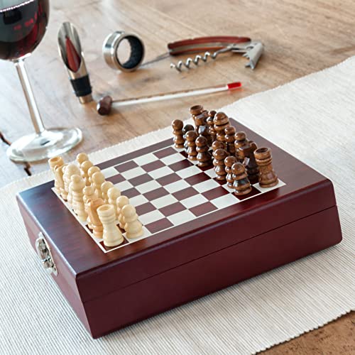 InnovaGoods® Juegos de accesorios para vino 2en1, elegante estuche con tablero de ajedrez, Incluye sacacorchos, tapón dosificador, 32 piezas de ajedrez, acabado en madera. - imagen 3