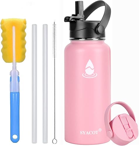 SYACOT Botella de agua de acero inoxidable de 32 onzas, 40 onzas y 64 onzas, con aislamiento de doble pared al vacío, a prueba de fugas, taza