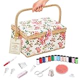 Sewing Basket with Sewing Kit Accessories, Portable Wooden Storage and Organizer Box with Removable Tray, Perfect Gift for Crafters, Beginners & Pros - Large, Vintage Floral Design
