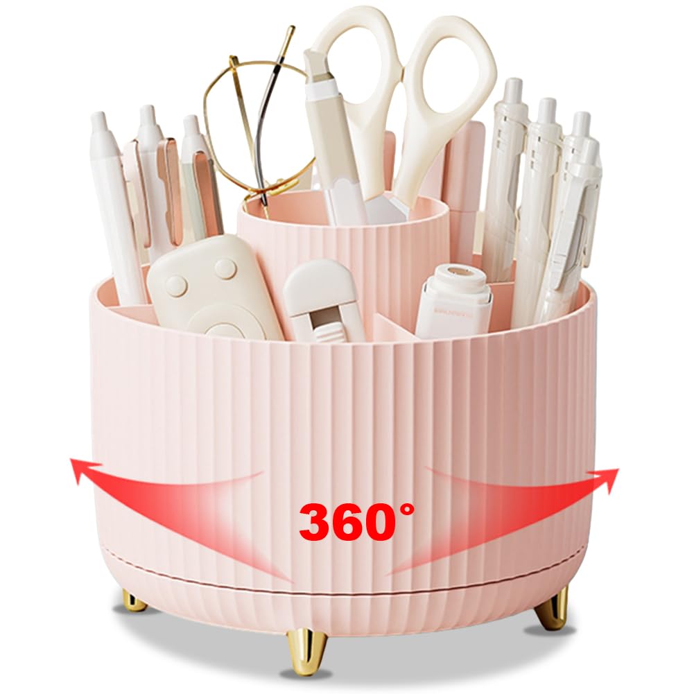 Azazaza 360°Rotating Makeup Organiser, Makeup Brushes Holder with 5 Compartments Turntable, Cosmetics Jewellery Perfume Organiser for Dressing Table Bedroom Dormitory (Pink)