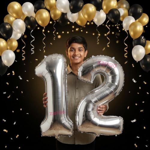 Image of Balloonistics Silver 40-Inch Foil Number 12 Balloon - Fill with Helium or Air for 12th Birthday, Anniversary Party Decoration, Photo Booth Backdrop, Cake Table Decor