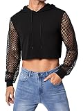 COZYEASE Men's Fishnet Mesh Long Sleeve Crop Hoodie Drawstring Sweatshirt Pullover Black M