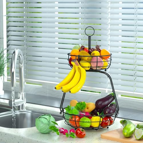 ASTLIHO House Warming Gifts New Home, Fruit Basket for Kitchen Counter, 2 Tier Countertop Fruit Bowl Vegetable Baskets with Banana Hanger, Storage Basket for Snack, Home Decor, Kitchen Appliances by ASTLIHO - Used condition - Image 6
