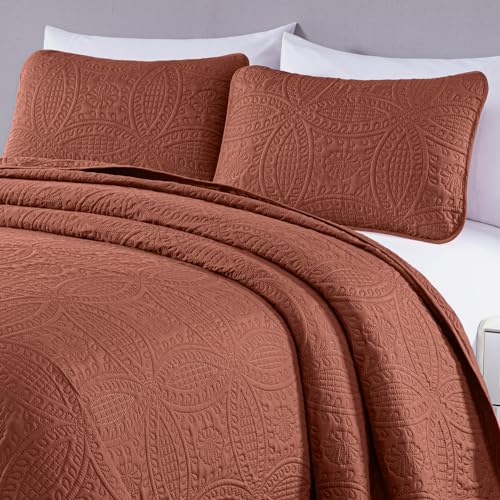 Image of Chezmoi Collection Austin Queen Bedspread Set 3-Piece Pinsonic Quilted Oversized Bedspread Coverlet Set, Queen, Terracotta