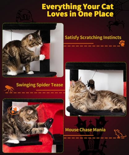Image of 74 Inch Heavy Duty Gothic Cat Tree for Large Cats, Multi-Cat Tower with 3 Condos, Tall Cat Condo with XL Platform, Hanging Basket & Sisal Scratching Posts, PMT04RD, Black Red