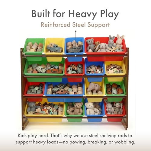 Image of Humble Crew Toy Storage Organizer with 16 Removable Storage Bins for Kids Playroom, 4-Tier Toddler Toy Organization and Storage, Walnut /Primary