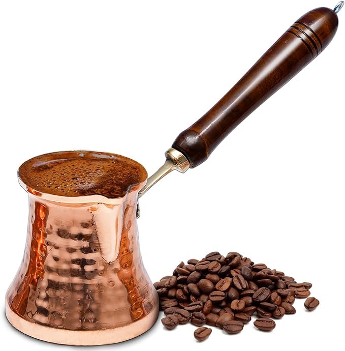 Cezve Turkish Coffee Pot - Hammered Copper Turkish Ibrik - Turkish Coffee Maker - Greek Coffee Maker w/Wooden Handle - Traditional Turkish Gifts or Unique Gifts for Coffee Lovers